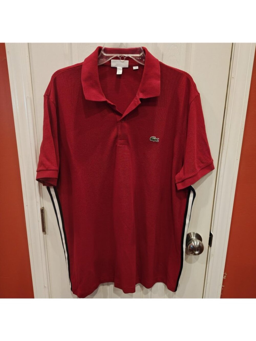 Lacoste Polo Shirt Mens 2XL Red Regular Fit Cotton Side Stripe Croc Logo Pique - Picture 2 of 12